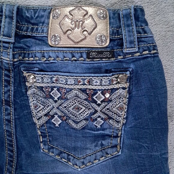 Miss Me Jean Womens 31x28, Tag 30x32 Blue Denim Bootcut Embellished Hemmed Up - Picture 5 of 16
